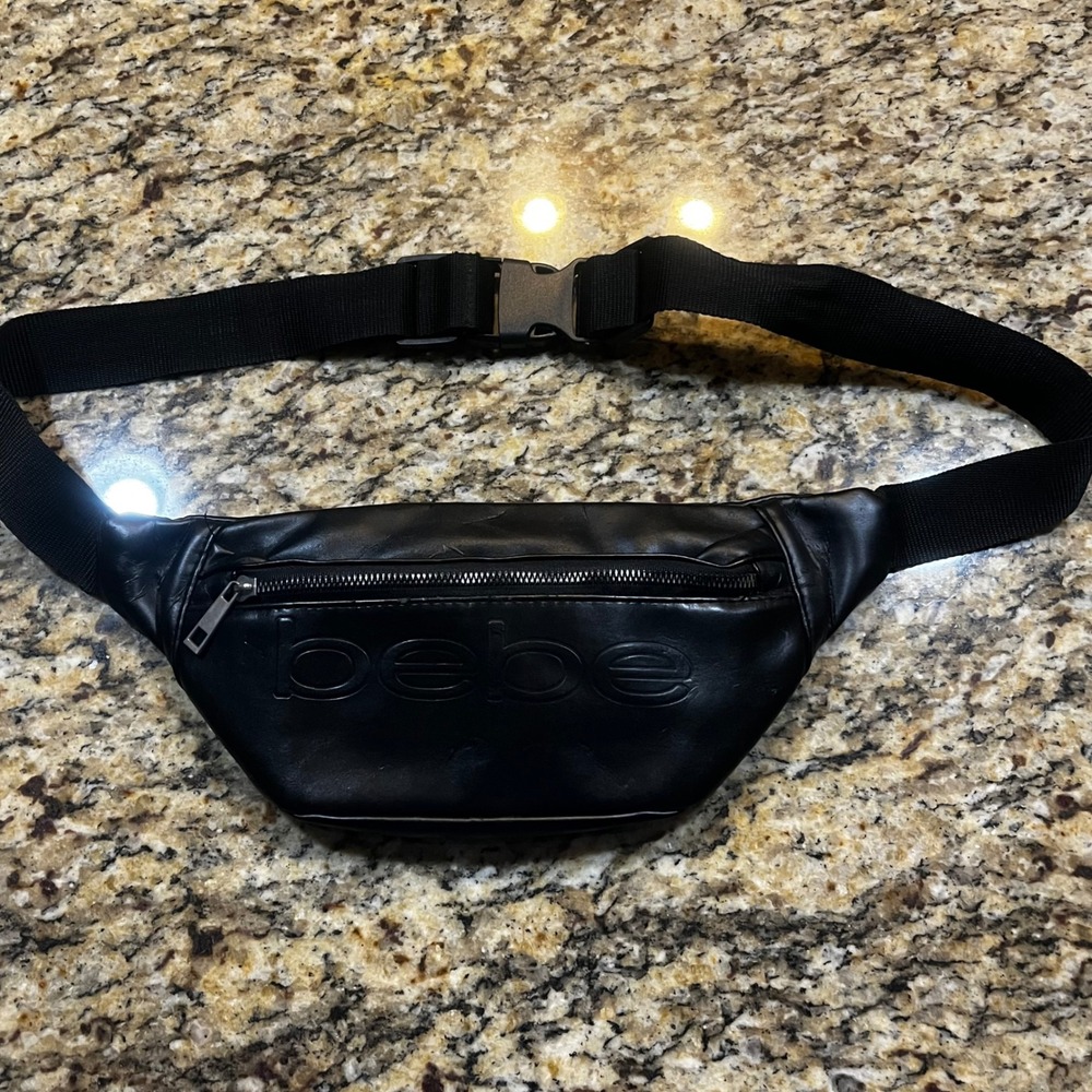 Bebe Womens Black Faux Leather Fanny Pack Embossed Logo Waist Bag Travel Belt